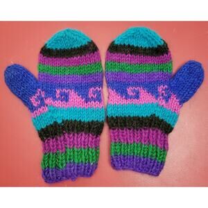 Hand-knitted Nepal Woolen Winter Gloves Mittens - Blue Green Pink Ethnic Wool